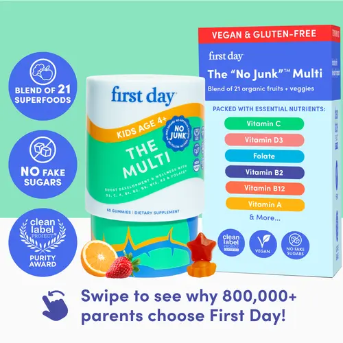 First Day Kids Multivitamin Gummies Ages 4-12, Natural Strawberry Orange Flavor - 21 Organic Superfoods, 9 Key Nutrients, Vitamin C D3 B12 Folate - Immunity, Healthy Growth, Energy, Picky Eater Approved - 30-Day Supply, Vegan, Non-GMO, No Junk Dietary, Na