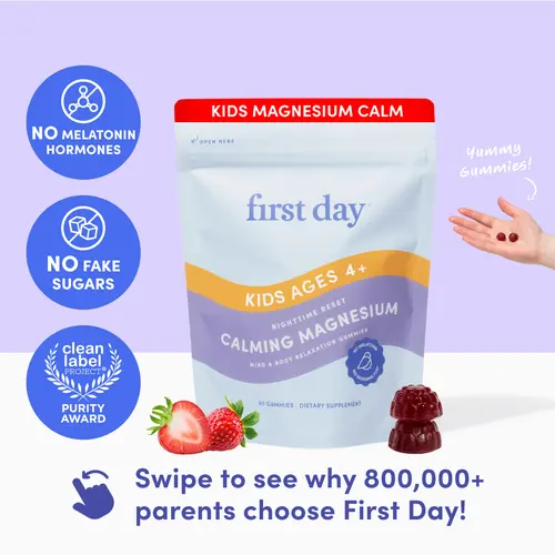 First Day Kids Calming Magnesium Gummies Ages 4-12, Natural Strawberry Flavor — Magnesium Citrate, Suntheanine — Calm, Relaxation, Restful Sleep, Stress Relief — No Melatonin, 30-Day Supply, Vegan, Non-GMO, No Junk