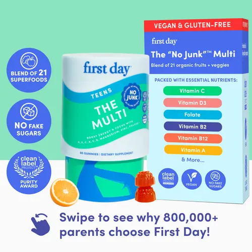 First Day Teen Multivitamin Gummies Ages 13-17, Natural Orange Flavor - 21 Organic Superfoods, Vitamin C D3 B12 Magnesium Zinc - Height & Growth, Focus, Mood, Immunity, Energy, Clear Skin Support - 30-Day Supply, Vegan, Gluten-Free, No Junk