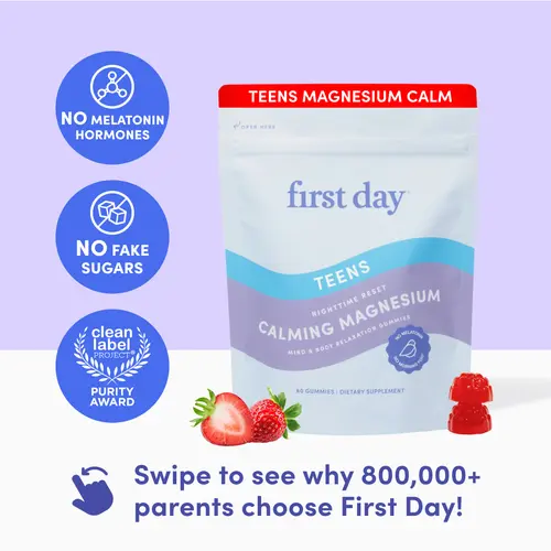 First Day Teen Calming Magnesium Gummies Ages 13-17, Natural Passionfruit Guava Flavor — Magnesium Citrate, Affron — Relaxation, Restful Sleep, Calm Mood, Stress Relief — No Melatonin, 30-Day Supply, Vegan, Non-GMO, No Junk