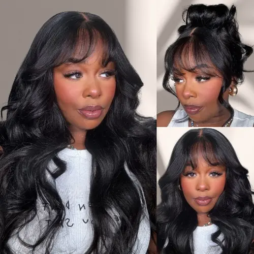 UNice Glueless Middle Part Fluffy Loose Wave 13x4 HD Lace Frontal Wig with Airy Wispy Bangs, Human Hair Wig with Bleached Knots, Easy Installation, Natural Hairline Scalp, Summer Use, Wigs Human Hair, Glueless Wigs,sohochic