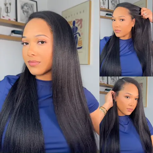 UNice Upgrade Blend Natural V Part Glueless Yaki/Kinky Straight Wig wih Drawstring Beginner Friendly Natural Black for Women summerwins