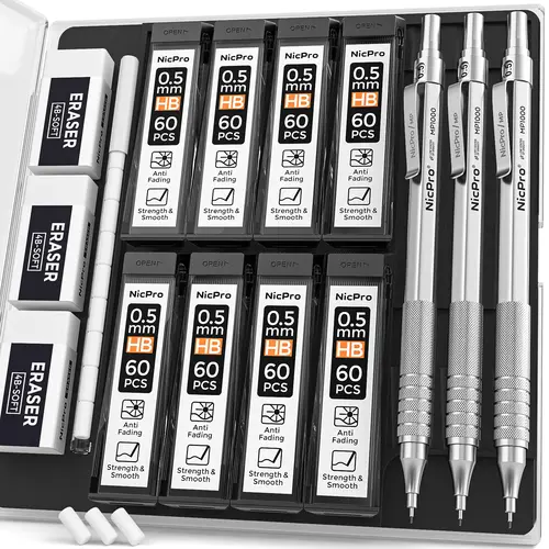 Nicpro Mechanical Pen Pencils Set - Compact Full-Metal Body Office Stationery Supplies Kit with Case, 3 MP1000 Drafting Pencils, 8 Tubes HB Lead Refills, Eraser, Eraser Refills for Artists