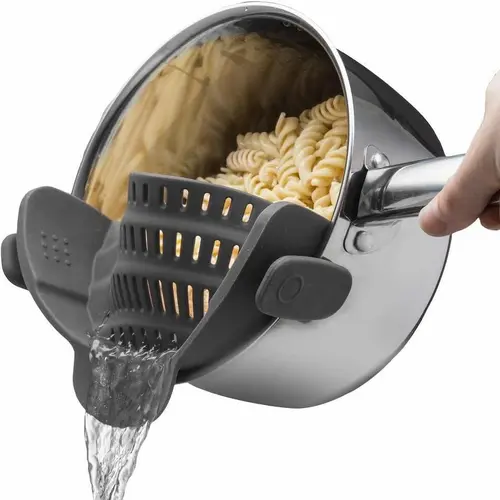 Gray Silicone Clip-On Pasta Strainer - Universal Fit Round Bowl Kitchenware Drainer for Pots, Pans - Heat-Resistant Space-Saving Cooking Utensil for Vegetables, Noodles