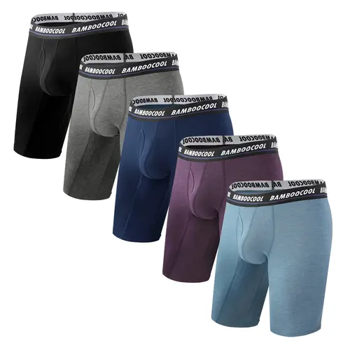 BAMBOO COOL Men's Long Boxer Briefs 5 Pack - Soft Breathable Minimalist Basic Underwear with Lengthened Elastic Waist, No Ride-Up Design for Athletic Performance Activewear