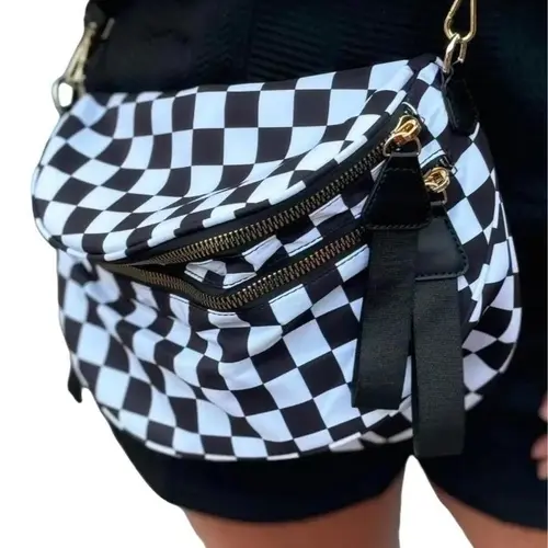 Women's Black and White Checkered Nylon Fanny Pack - Plus Size Friendly, Spacious for Essentials, Adjustable Strap, Hands-Free, Hidden Waist Pouch - Animal Print Option Available - Waist Pouch for Gifting, Adjustable Strap Women's Fanny Packs & Belt Bags,