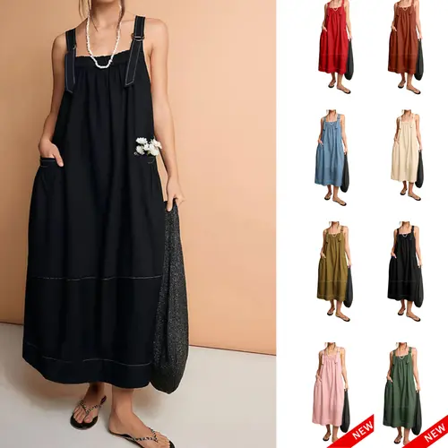 Yeokou Women's Minimalist A-Line Sleeveless Strappy Barrel Dress - Clothes for Women, Wrap Style with Big Pockets & Adjustable Straps, All Seasons Beach-To-Home Casual Midi Wear