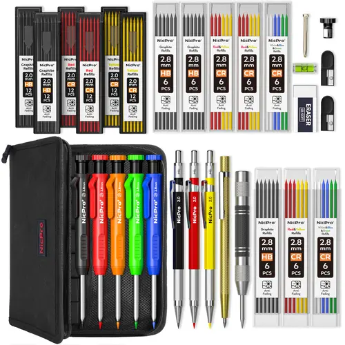 Nicpro Carpenter Pencil Set with Sharpener, Mechanical Carpenter Pencils, Carbide Scribe Tool, Heavy Duty Construction Pencils for Woodworking