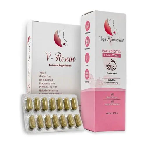 V-Rescue Feminine Care Bundle - Certified Organic Natural Intimate Care Set with Olive Cleanser Foam, Boric Acid Suppositories, Coconut Oil, Probiotics Rich Lactobacillus Blend, pH Balance Solutions, Soap-Free Soothing Support