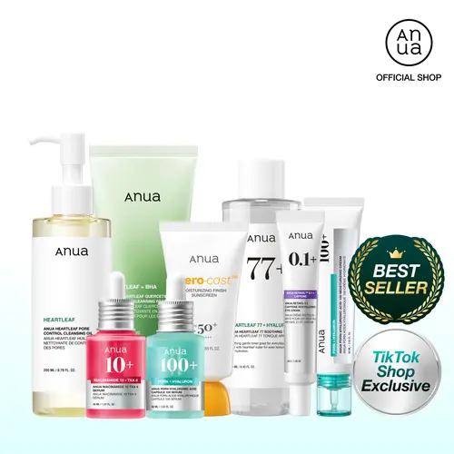 [Anua] Affordable Full-Korean Glass Skincare Routine Set｜8 Essential Viral Items in one bundle｜For Hydration, Hyperpigmentation & Redness Care Set ｜ Cleansers, Toner, Serums, Moisturizer, Eyecream, SPF