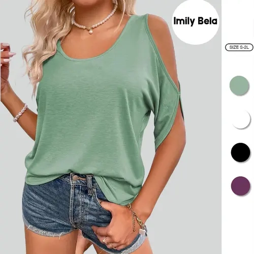 Imily Bela Women Cold Shoulder Tops Summer Short Sleeve Shirt Scoop Neck Tee Casual Loose Fitting Solid Color Tunic Top