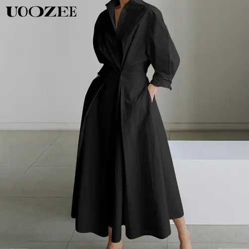 UOOZEE Women's Modest Solid Color Long Sleeve Midi Dress - Loose Lapel, Waist-Designed, Pocket-Equipped, Comfortable, Ideal for Commuting & Formal Occasions, Elegant Casual Long Sleeve Dresses for Women