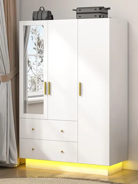 2 Doors/3 Doors/4 Doors Armoire Wardrobe Closet with Mirror, LED Armoire with Doors and Drawers, Wooden Armoire Storage Cabinet with Hanging Rod, Adjustable Shelves, (White/Black/brown）