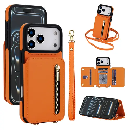 PU Leather RFID Blocking Card Wallet Case with Cash Pocket, Shockproof Protection, Flip Stand, Crossbody Lanyard Strap, Wristband for iPhone 17 Pro Max, 16, 15, 14, 13, 12, 11 Pro Max, iPhone Air (Cellphone Accessories)