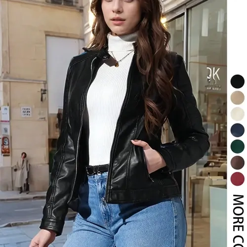 Giolshon Women's Vintage Trendy Pu Leather Jacket Coats for All Seasons, Casual Fitted Long Sleeve Outdoor Commute & Date Wear, Stylish Fashion Style Plaid & Plain Designs, Womenswear