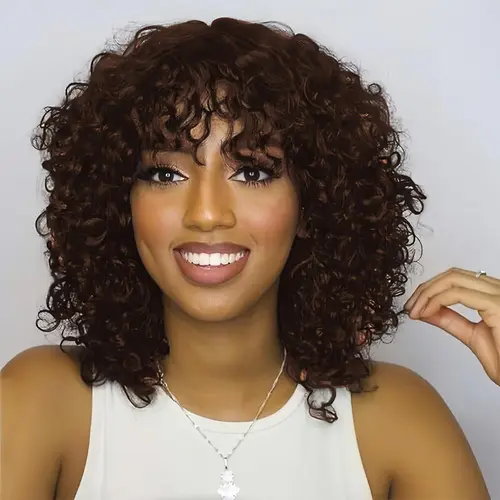 ShowReal Six Colors Water Wave Wigs With Bangs Wear And Go 12 Inch Short Curly 200% Density Thick Human Hair Full Machine Wig - Jerry Curly Wig with Bangs, Glueless For Women
