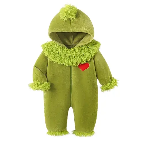 Infant Baby Christmas Halloween Hooded Romper Costume Long Sleeve Zipper One Piece Jumpsuit Furry Green Monster Xmas Holiday Fall Winter Clothes Infant Sleeper Coming Home Outfit