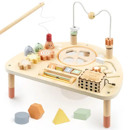 Joyreal Wooden Activity Table Busy Board for Toddler, with Fishing Game Bead Maze Shape Sorter Montessori Toys, Christmas Gift for Kids, #backtoschool