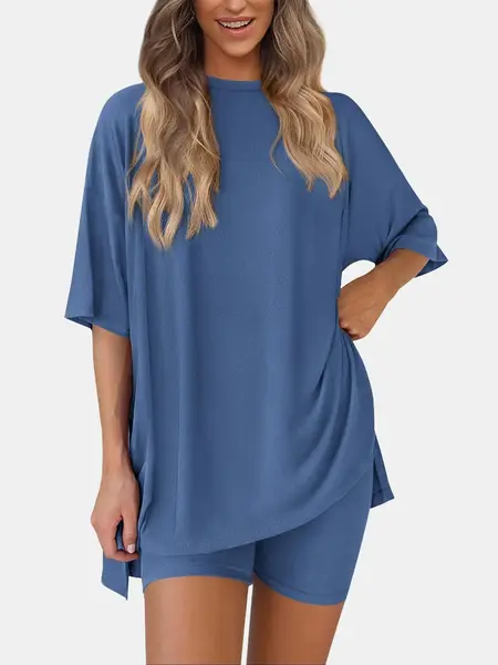 PRETTYGARDEN Crewneck Two-Piece Set For Women Summer  Casual Oversized  Split Hem Shirts & Side Pocket Biker Shorts Minimalist Lounge Wear Soft Viscose Fabric Comfy Homewear Cozy Pjs