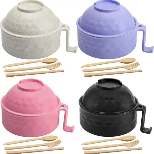 6PC/Set Microwave Instant Noodles Bowl Set - Plastic Kitchen Serving Bowls with Lids & Handles, Ramen Noodle Cooker for Home & Dorm Tableware