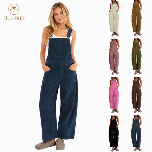 Molitree Women's Corduroy Overalls Barrel Wide Leg Bib Pants Adjustable Romper Jumpsuit with Pockets  Casual Wideleg Womenswear Brown Basic Fitted Minimalist Navy