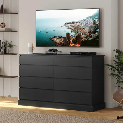 Sikaic 8-Tier Wood Drawer Chest Sideboard - Long Double Modern Dressers with Pedestal Base, Clever Storage Back Board, Drawers for Bedroom, Modern Bedroom Minimalist Storage, Organization Tips, Small Space Upgrade Indoor Furniture