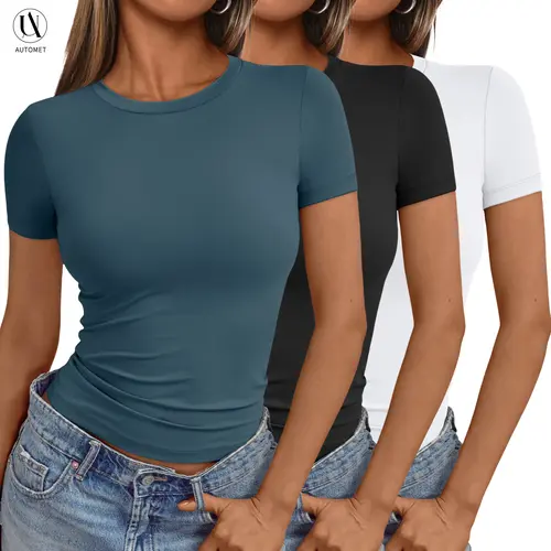 AUTOMET Womens 3 Pack Boat Neck Tops Short Sleeve Shirts Compression Basic Tops,Y2K Aesthetic Slim Fit,Professional Business Casual, Polished Teacher Outfits