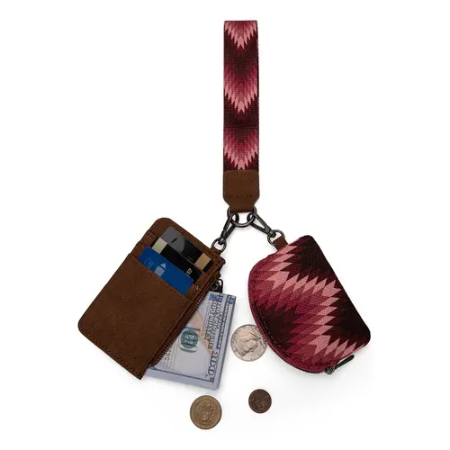 Wrangler Aztec Wave Print Western Dual Pouch Wristlet Credit Card Holder Wallet  Keychain with Zip Closure and Detachable Pockets Mini Semi-Circular Coin Purse & Key Ring Zip Card Case