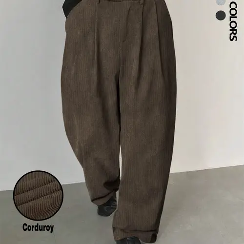 Men's Solid-Color Corduroy Oversized Carrot Pants, Button-Fly Side Pockets, Casual Fashion Loose Relaxed Loose-Fit Textured Trousers for Daily Wear, Streetwear Pants with Zipper, Woven Bottoms for All Seasons