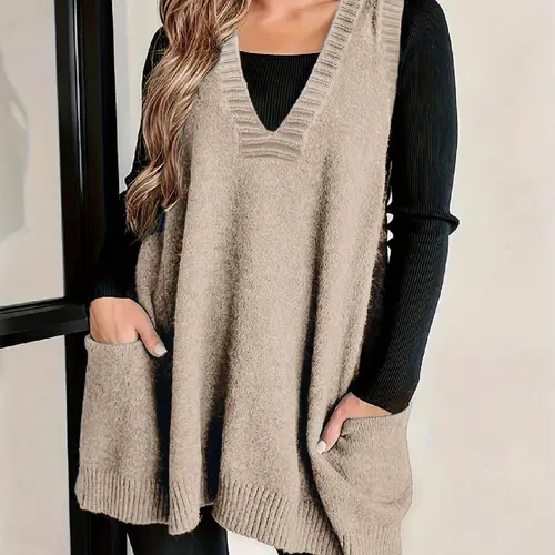 Plus Size Solid Color V Neck Sweater Vest, Casual Sleeveless Knit Top for Daily Wear, Women's Plus Clothing for All Seasons, Casual Comfy Vests