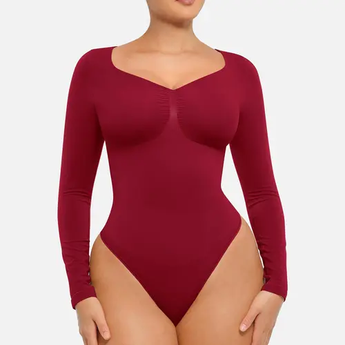 FeelinGirl Womenswear Seamless Long Sleeve Thong Bodysuit for Tummy Control V Neck Going Out Fabric Comfortable Casual shaper clothes #Summervibes