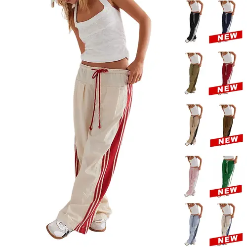 Tanming Womenswear Streetwear Stripe Straight Cut Barrel Leg Parachute Cargo Pants Y2K Elasticated Waistband Soft Wide Leg Pants with Pockets Casual Sweatpants for Hyrox,summerwins