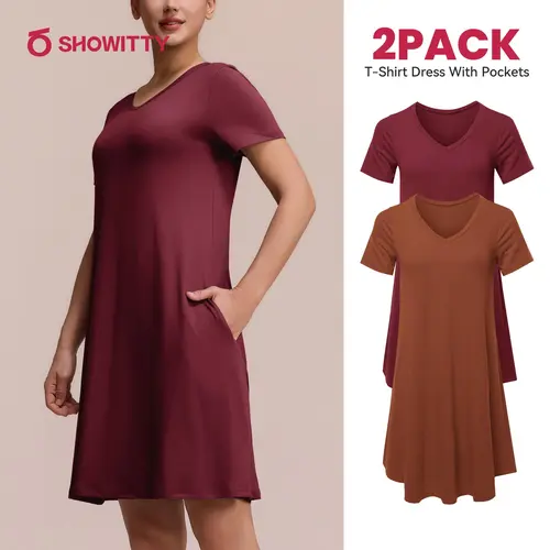SHOWITTY 2 Pack Women's Casual T-Shirt Loungewear Dresses with Pockets Plus Size Short Sleeves Pajama Dress- Breathable Lightweight Fit for Summer Outings Everyday Wear