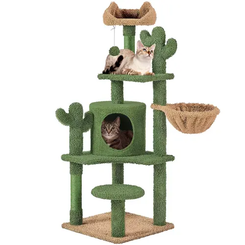 Yaheetech 53" H Modern Cactus-Shaped Cat Tree Condo - Wall-Secure Fit for Safety, Sisal Scratching Posts, Plush Fabric Cozy Padded Perch, Platform, Hanging Ball for Play, Kitten Furniture, Plush Fabric Feels Cozy, Scratch Posts Save Furniture