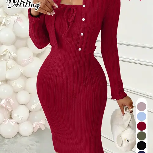 Aliling Women's Solid Button Front Long Sleeve Crop Top & Ribbed Fitted Bodycon Knitted Dress Set, Fashion Minimalist Basic Cozy Two Piece Outfits for Daily Outdoor Wear, Women Clothes for Spring, Casual Wear, Cropped