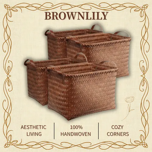 BROWNLILY Handmade Rattan Baskets - Synthetic Wicker with Vegan Leather Accents, 4/6/8-Pack Large Brown Handled Bins for Closet Organization, Cleaning and Organizing (4 Baskets Arrive Ready to Organize)