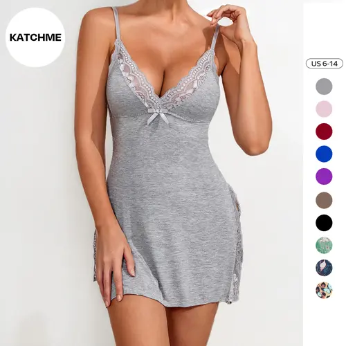 KatchMe Women's Sexy Satiny Solid Color Spaghetti Strap Lace Slit Bow Front Soft Nightdress, Minimalist Sleeveless Womenswear, Basic Nightwear