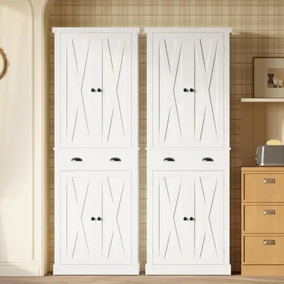 IRONCK Sturdy Pantry Cabinet, Freestanding Apartment Furniture with Sliding Barn Doors, Drawer, 4 Adjustable Shelves for Kitchen Organization, Sliding Door