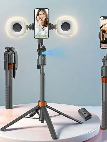 360° Rotatable Adjustable Selfie Stick Tripod, Rechargeable Smart Face Tracking Tripod with 2 Fill Lights, Auto Face Tracking Phone Holder for Vlog, Live Streaming, Remote Tripod