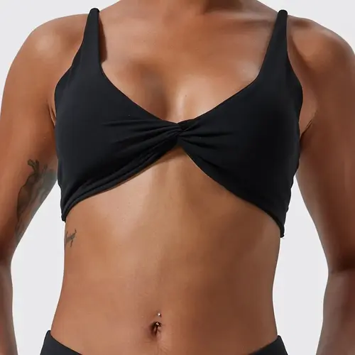 Women's Solid Twist Front Sports Bra, Casual Comfy Breathable High Stretch Yoga Bra, Ladies Sportswear for Indoor Outdoor Wear, Gym Clothes, Activewear, Workout Clothes, Workout Bras