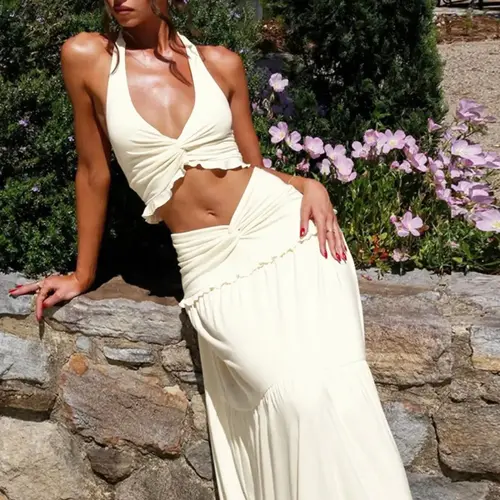 Women's Solid Color Plunge Neck Crop Top & Ruched Skirt Two-piece Set, Matching Clothing Set, Sleeveless Halter Neck Top & Bodycon Skirt, Ladies Summer Clothes for Party and Holiday, Summer Beachwear Set, Summer Sets, Going Out Sets, Womenswear