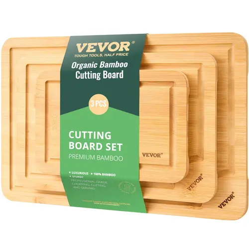 【toolupgrade】VEVOR 3-Piece Natural Bamboo Cutting Boards Set, Food-Grade Oil Treated, Sturdy Durable Chopping Boards with Juice Groove & Built-In Handle, Ideal for Chopping, Serving, Knives Compatibility, Cheese Prep, Kitchen Accessories, Bamboo Boards