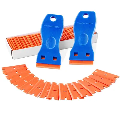 【toolupgrade】VEVOR Durable Multifunction Plastic Razor Blade Scraper Set (2 Scrapers, 120 Blades) - Efficient Remover for Stickers, Decals, Adhesive, Labels, Paint, Glass, Car Windows, Caulk, Bathroom Water Marks, Kitchen Grease (No-Scratch Blue)
