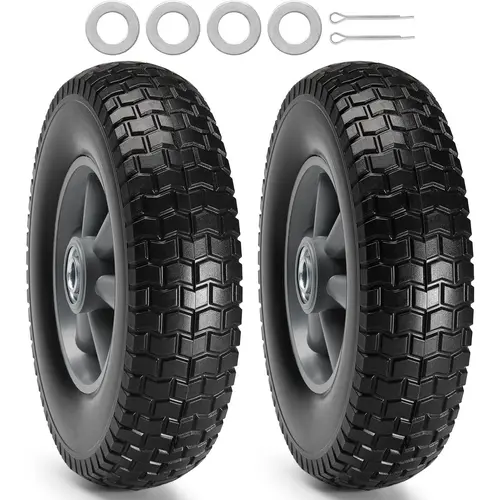 VEVOR 2-Pack 10-Inch Solid PU Run-Flat Tubeless Tire Wheels with Axle, 180 lbs Dynamic Load, 220 lbs Static Load, High-Rebound PU for Bounce, Deep Tread, Easy Swap for Worn Tires, Easy Installation Hardware, Trolleys, Wheelbarrows,toolupgrade