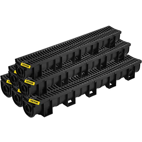 【toolupgrade】VEVOR Commercial Low Profile Outdoor Trench Drain System, 5.9x5.1-Inch HDPE Water Drainage Channel with 6x39-Inch Black Plastic Grate & 6 End Caps, 6-Pack for Garage Floor, Garden