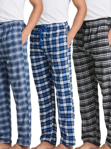 Real Essentials 3 Pack: Men's Pajama Pants  - Knit Cotton Flannel Plaid Lounge Bottoms- Button Fly (Available In Big & Tall)