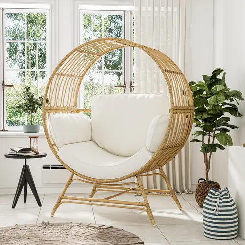 Rattan Wicker Egg Chair, Egg Basket Lounge Chair with 4 Cushions, Oversized Indoor and Outdoor Lounger Chair for Patio & Living Room, Steel Frame, 330lbs Capacity Outdoor Rattan Swing Hanging Egg Chair