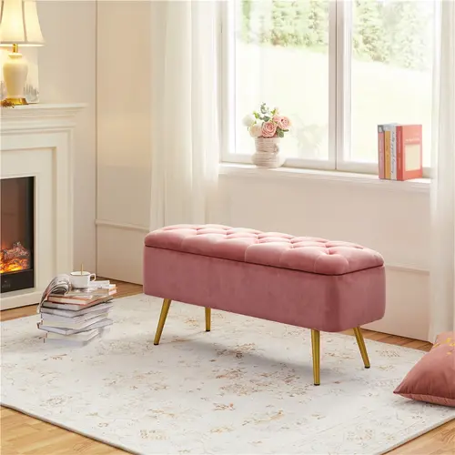 Yaheetech Armless Rectangular Furniture Ottoman Footstool Bench - Upholstered, Button-Tufted, with Hidden Storage Compartment for Bedroom Use
