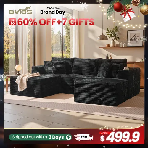 【2 Package Shipping】OVIOS 106" Modular Cloud Couch with Chaise & Ottoman, Oversized Boneless Sectional Sofa, L/U-Shaped Deep Seat Plush Corduroy Sleeper Couch for Living Room, Bedroom & Apartment, No Assembly Required