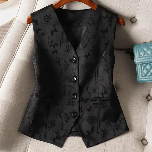 Women's Floral Jacquard Button Front Fitted Vneck Vest Blazer Waistcoat, Elegant Minimalist Fake Pocket Decor Sleeveless Outerwear for Work Office Business Formal Wear, Business Attire Clothes, Ladies Fall & Winter Clothes Womenswear